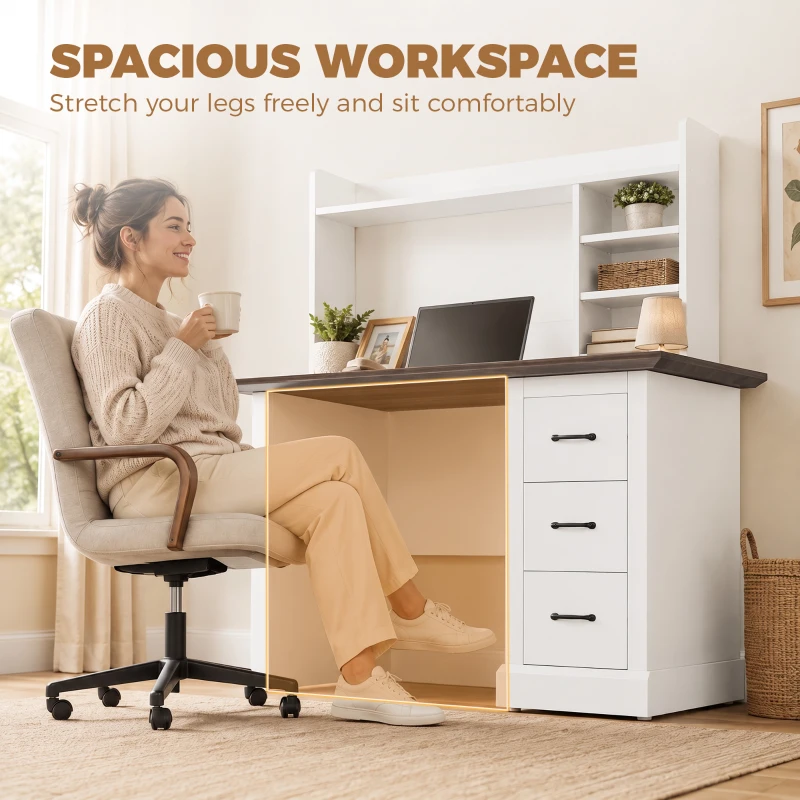 HOMCOM Computer Desk with 3 Drawers and Storage Shelves, 47" Home Office Study Writing Table, Walnut and White