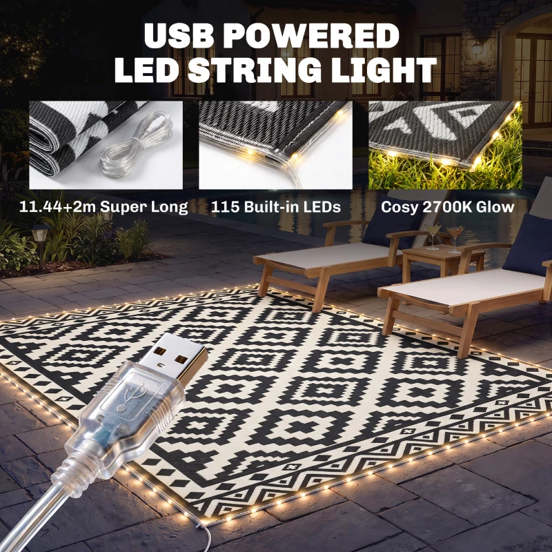 Outsunny Outdoor Rug Carpet Reversible Plastic Straw Rug with LED Lights Black and White 10' x 8' for Patio