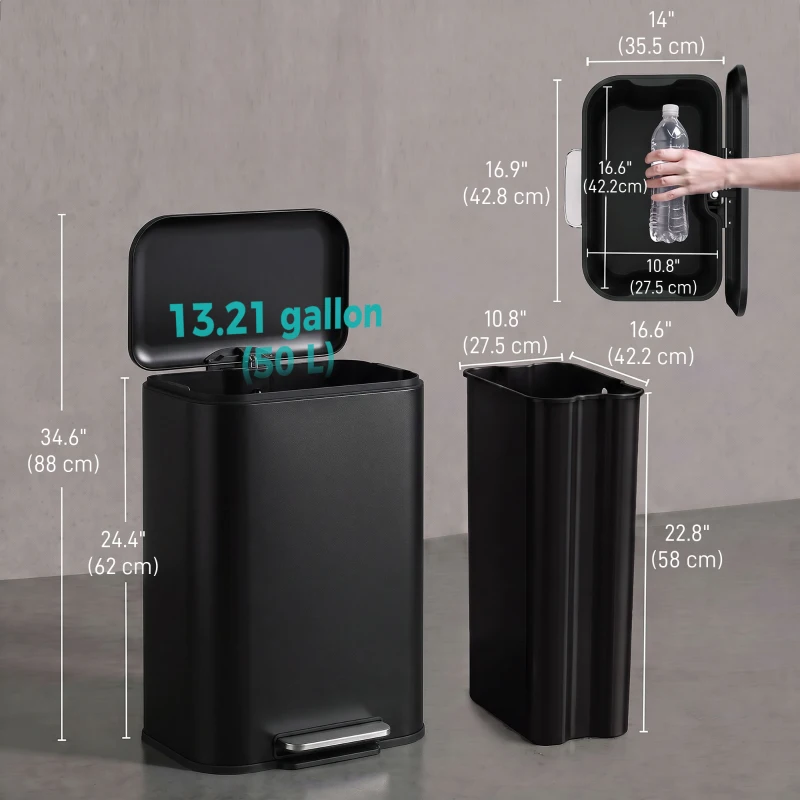 HOMCOM 13.2 Gallon Garbage Can, Slim Stainless Steel Trash Can with Removable PP Inner Bucket, Soft-Close Lid, Black