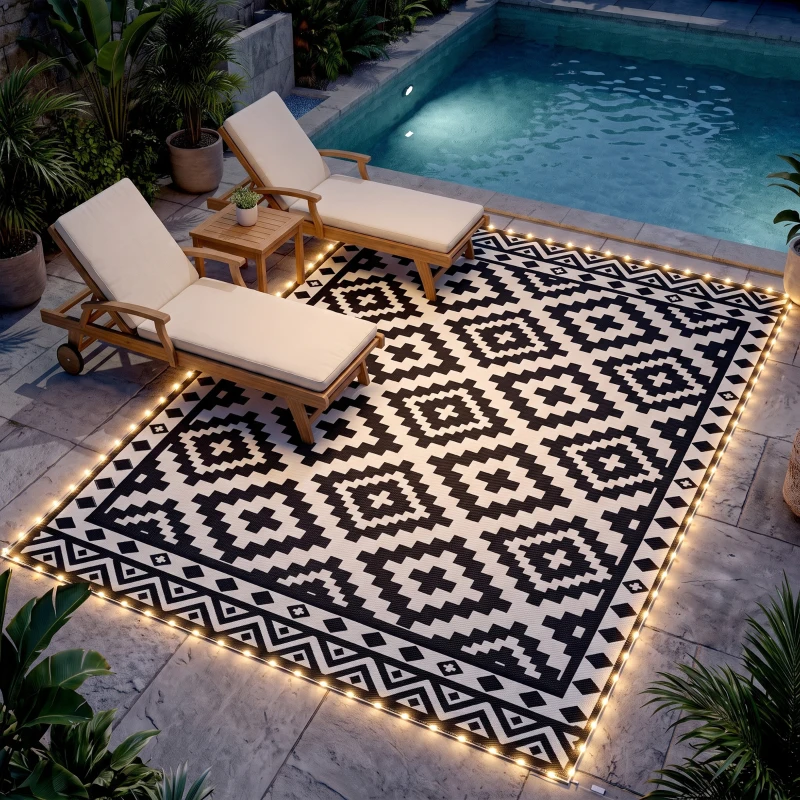 Outsunny Outdoor Rug Carpet Reversible Plastic Straw Rug with LED Lights Black and White 10' x 8' for Patio
