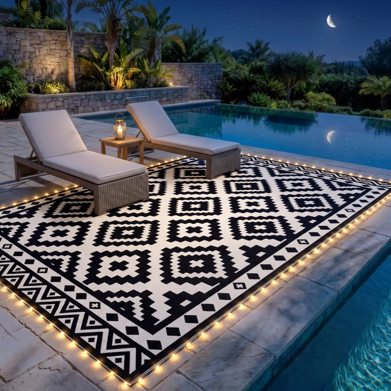 Outsunny Outdoor Rug Carpet Reversible Plastic Straw Rug with LED Lights Black and White 12' x 9' for Patio