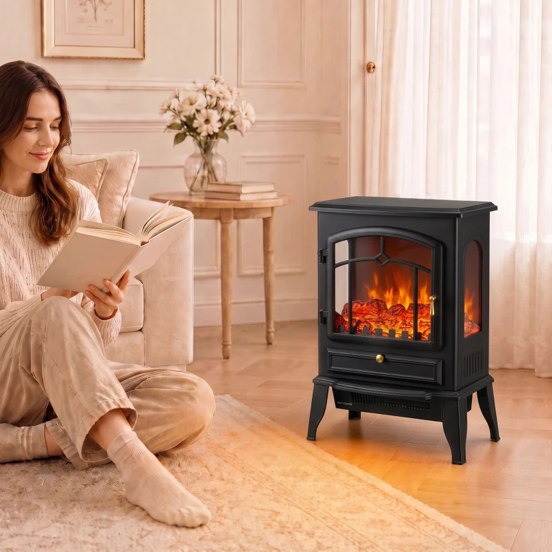 HOMCOM Electric Fireplace Stove, 725W/1450W Infrared 3-Sided Freestanding Fireplace Heater with 3D Flame Log, Thermostat, Black