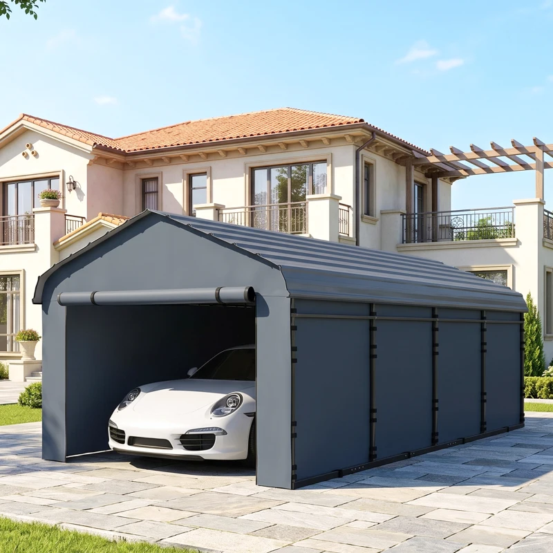 Outsunny 12' x 20' Metal Carport, Heavy Duty Garage Car Canopy with Galvanized Metal Roof and Removable Sidewalls, Dark Gray