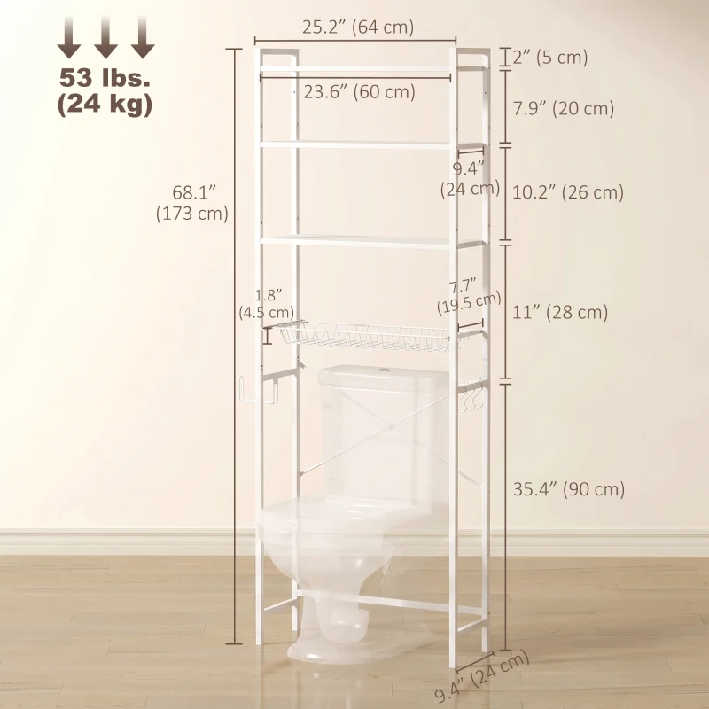 HOMCOM Over-the-Toilet Storage Shelf, 3-Tier Over-Toilet Bathroom Organizer with Adjustable Shelves and Pull-Out Basket, White