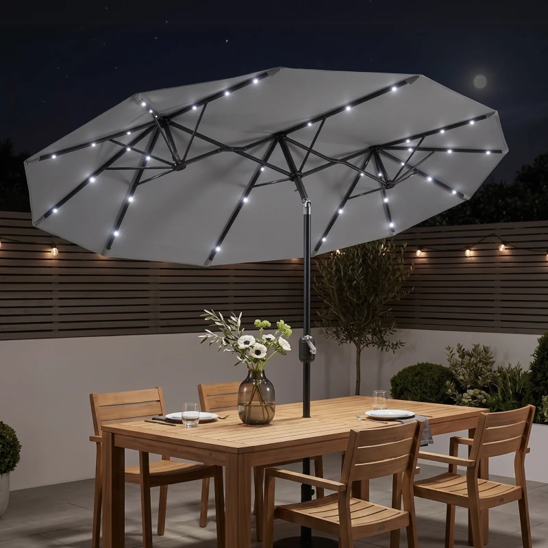 Outsunny Double-sided Patio Umbrella, 9.7' Outdoor Umbrella with Tilt and Crank, LED Solar Light and 12 Ribs, Gray