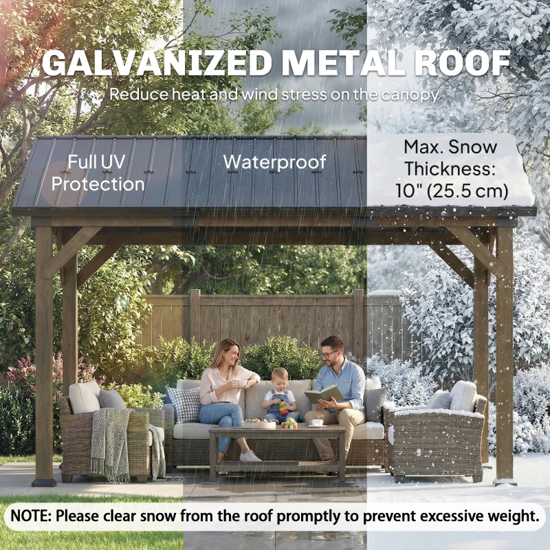 Outsunny 13' x 11' Hardtop Gazebo Canopy with Galvanised Metal Roof, Fir Wood Frame and Central Hook for Patio, Black Grey