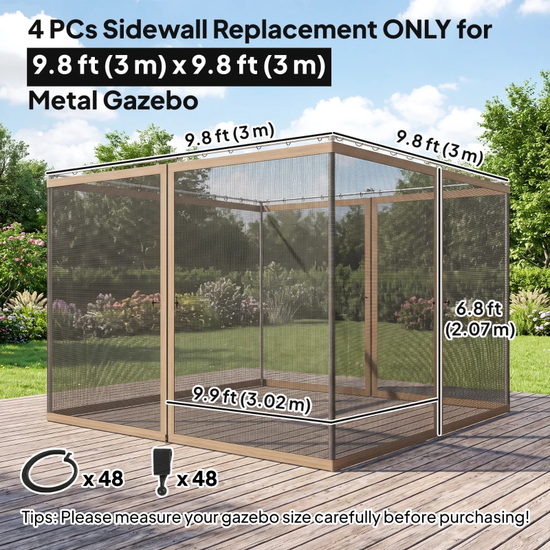 Outsunny Gazebo Replacement Mosquito Netting 10' x 10' Black Screen Walls for Canopy with Zippers for Parties and Outdoor Activities