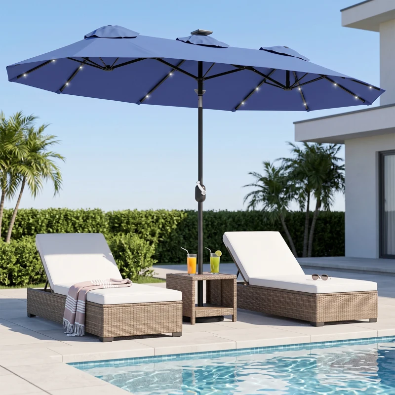Outsunny Double-sided Patio Umbrella, 9.7' Outdoor Umbrella with Tilt and Crank, LED Solar Light and 12 Ribs, Navy Blue