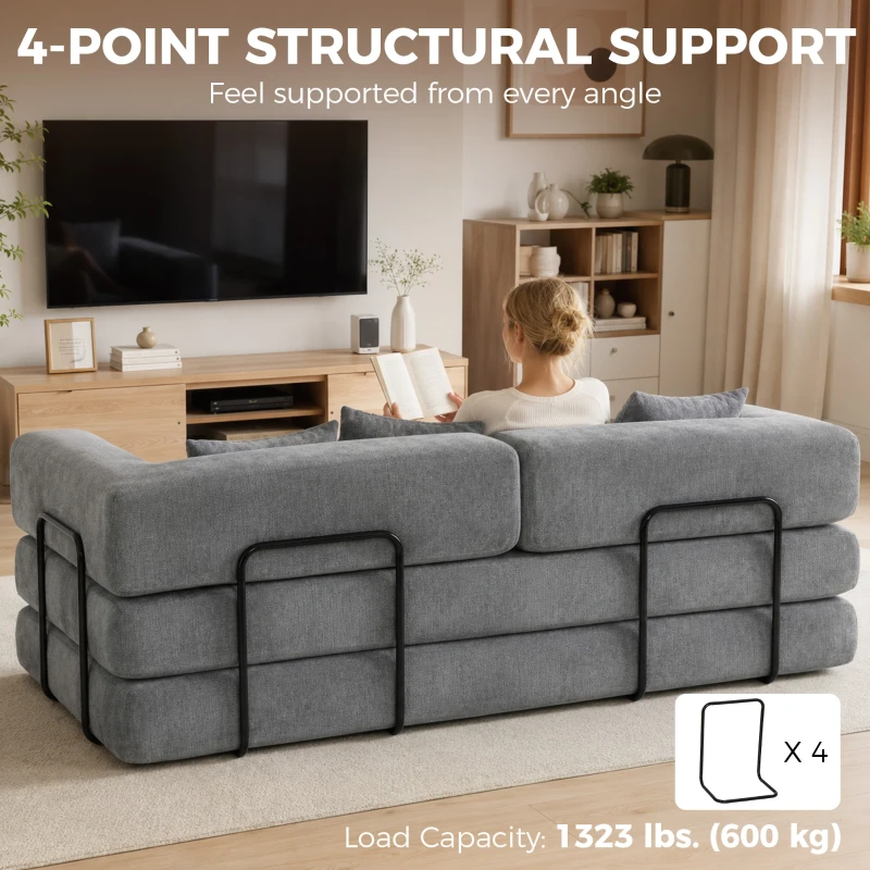 HOMCOM 81" Boneless Couch, 5-in-1 Convertible Sofa Bed with 29.5" Deep Seat, High-Density Foam, No Assembly, Grey