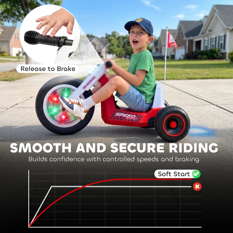 Qaba 12V Electric Car for Kids, Electric Ride On Tricycle with Soft Start, Light-Up Wheel, Adjustable Seat for 3-6, Red