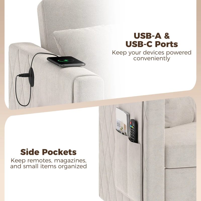 HOMCOM 52" Sofa Bed, Holland Velvet Loveseat Pull Out Sleeper Sofa with USB Ports, Adjustable Backrest, Side Pockets, Beige