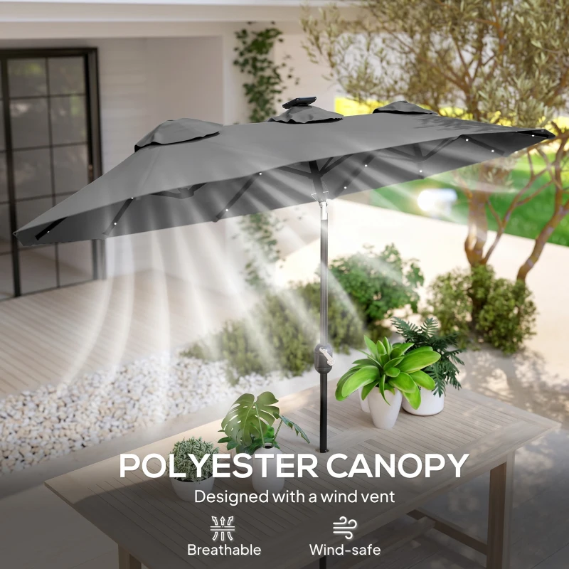 Outsunny Double-sided Patio Umbrella, 9.7' Outdoor Umbrella with Tilt and Crank, LED Solar Light and 12 Ribs, Gray