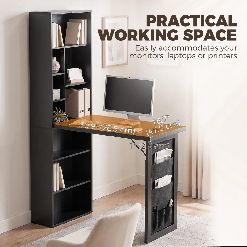 HOMCOM Fold-out Computer Desk with Storage Shelves, Bag, Wall Mount Home Office Desk, Writing Study Table with Bookshelf, Black