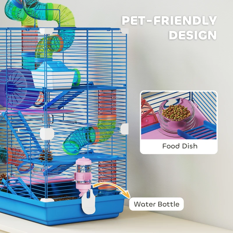 PawHut 5 Tiers Hamster Cage Portable with Exercise Wheels Play Tube Water Bottle Dishes House Ladder for Gerbils, Dark Blue