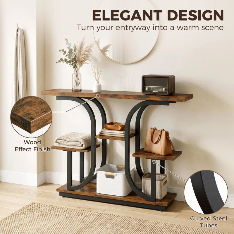 HOMCOM 42.5" Modern Console Table, 3-Tier Narrow Entryway Table with Open Storage Shelves for Entryway, Rustic Brown