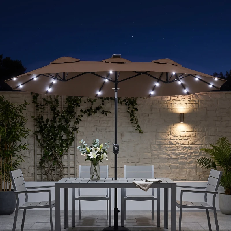 Outsunny Double-sided Patio Umbrella, 9.7 ft. Outdoor Umbrella with 45-Degree Tilt and Crank, LED Solar Light and 12 Ribs, Coffee