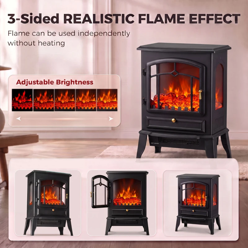 HOMCOM Electric Fireplace Stove, 725W/1450W Infrared 3-Sided Freestanding Fireplace Heater with 3D Flame Log, Thermostat, Black