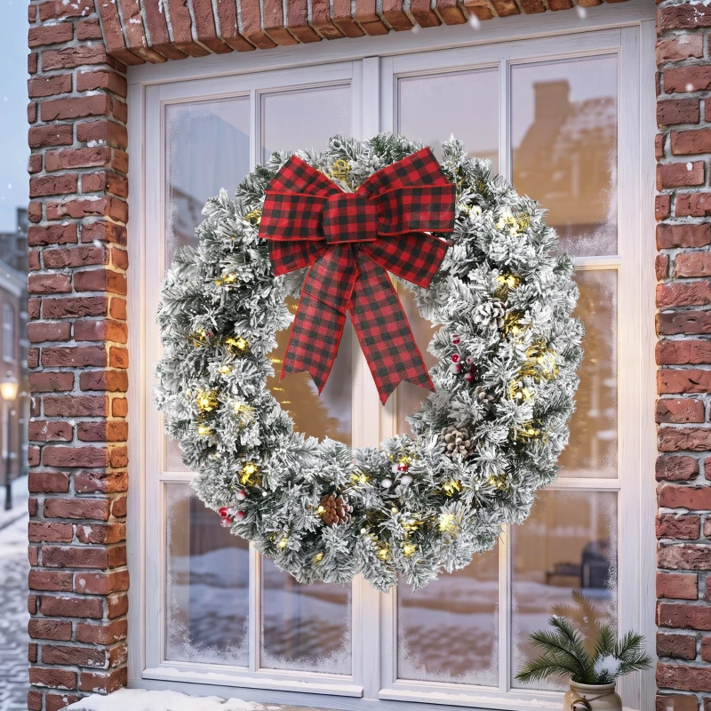 HOMCOM Flocked Winter Wreath, 24 Inch Pre-Lit Christmas Wreath for Front Door with LED Lights, Pine Cones and Berries, Green