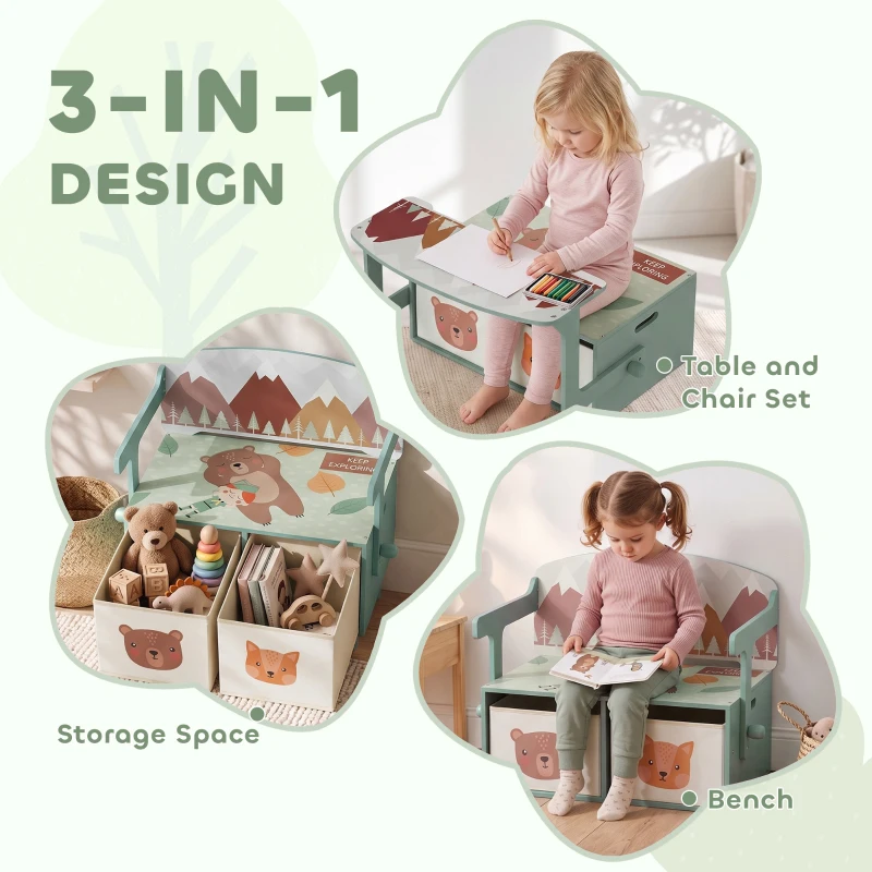 Qaba Kids Toy Box Chest, 3-in-1 Convertible Wooden Toy Storage Bench w/  2 Non-Woven Drawers, for Bedroom, Playroom, Green