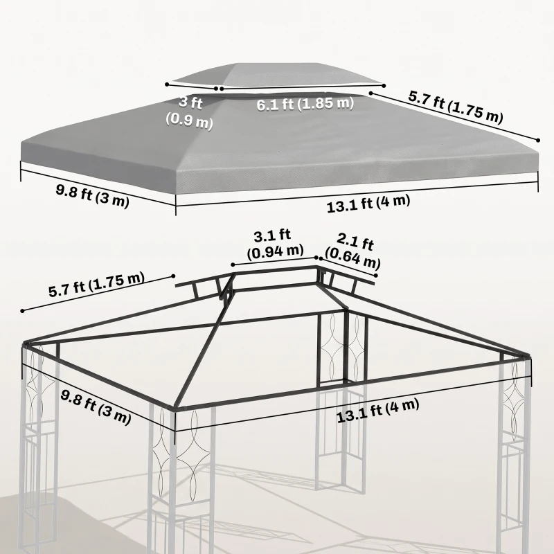 Outsunny 13' x 10' Gazebo Replacement Canopy 2 Tier Top UV Cover Pavilion Garden Patio Outdoor, Light Grey (TOP ONLY)