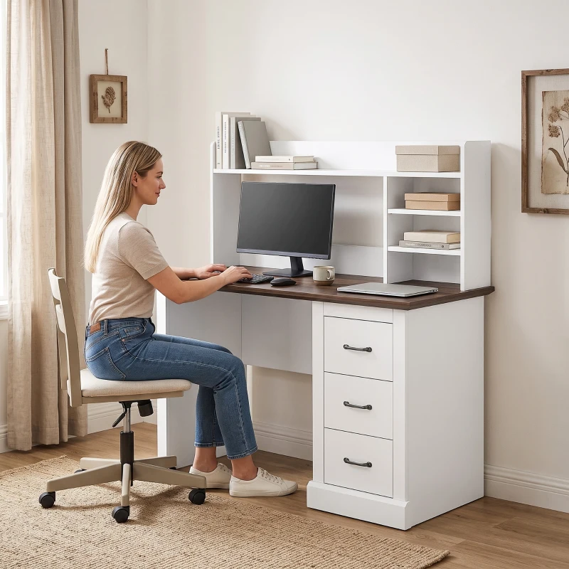 HOMCOM Computer Desk with 3 Drawers and Storage Shelves, 47" Home Office Study Writing Table, Walnut and White