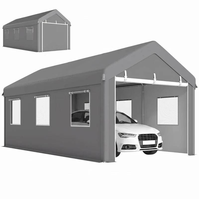 Outsunny 10' x 20' Carport, Heavy Duty Portable Garage with 6 Mesh Windows and 2 Doors, Light Grey