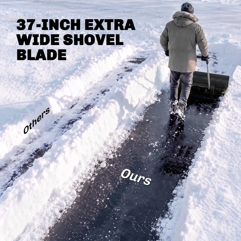 Outsunny Snow Shovel with Wheels, 37" Extra Wide Heavy Duty Aluminum Snow Pusher with Ergonomic Adjustable Handle, Angled Blade