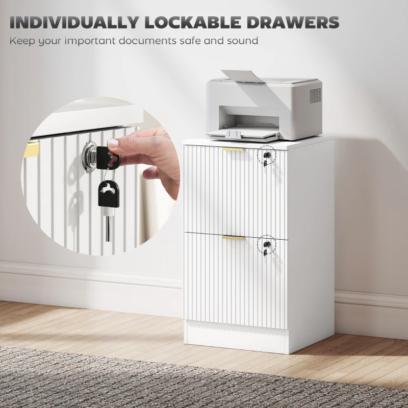 HOMCOM Lockable Filing Cabinet with 2 Fluted Drawers, File Cabinet with Adjustable Hanging Rails for A4 Letter Files, White