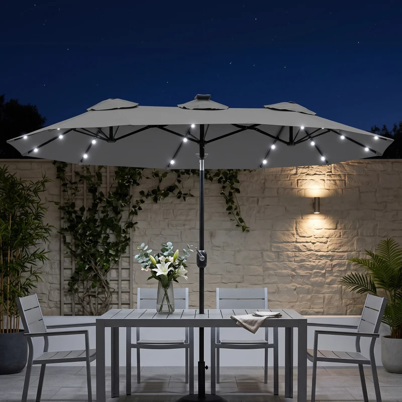 Outsunny Double-sided Patio Umbrella, 9.7' Outdoor Umbrella with Tilt and Crank, LED Solar Light and 12 Ribs, Gray