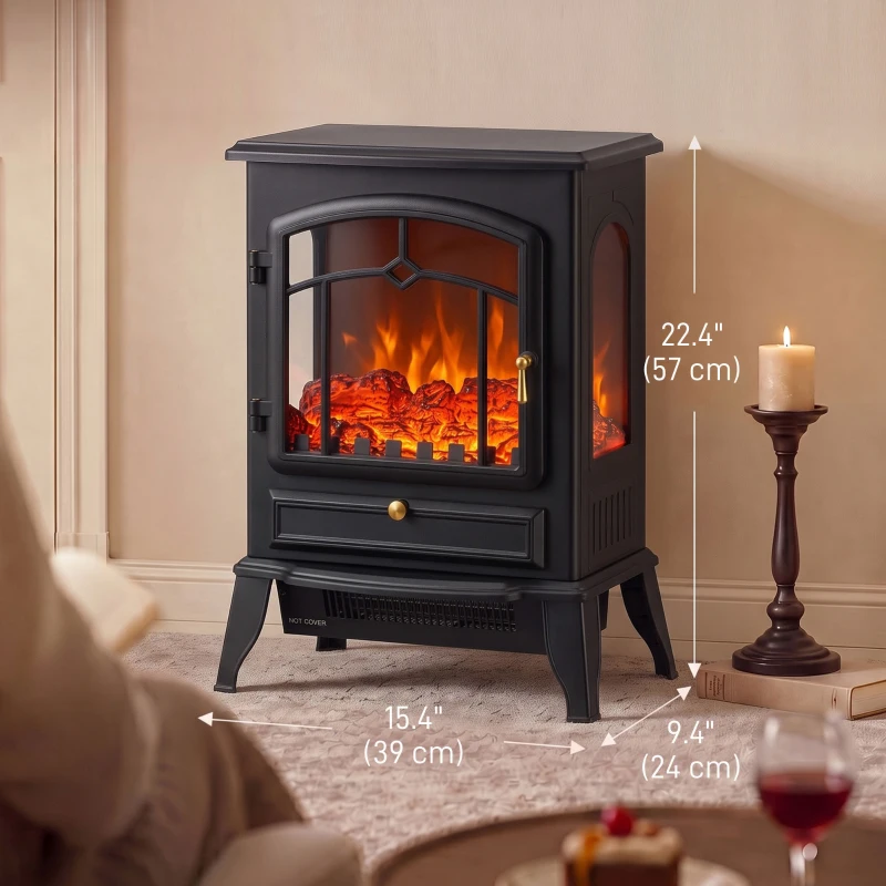 HOMCOM Electric Fireplace Stove, 725W/1450W Infrared 3-Sided Freestanding Fireplace Heater with 3D Flame Log, Thermostat, Black