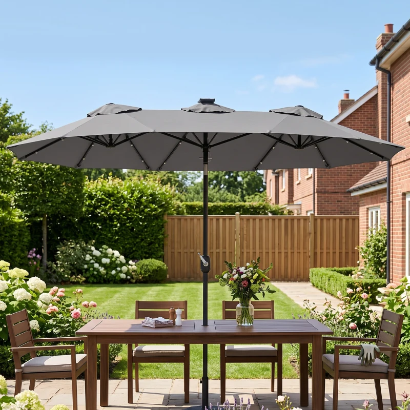Outsunny Double-sided Patio Umbrella, 9.7' Outdoor Umbrella with Tilt and Crank, LED Solar Light and 12 Ribs, Gray