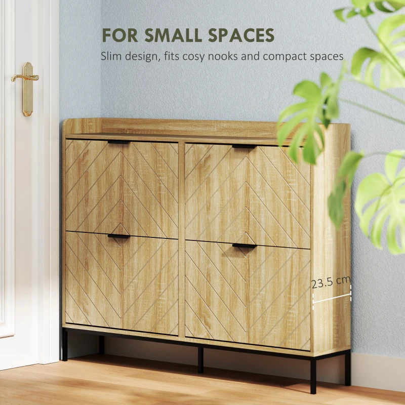 HOMCOM Narrow Shoe Storage Cabinet, Modern Slim Shoe Cabinet with 4 Flip Drawers, 16 Pairs of Shoes for Hallway, Entryway, Oak