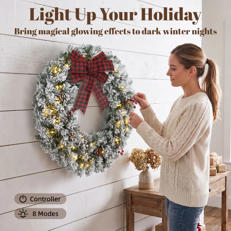 HOMCOM Flocked Winter Wreath, 24 Inch Pre-Lit Christmas Wreath for Front Door with LED Lights, Pine Cones and Berries, Green