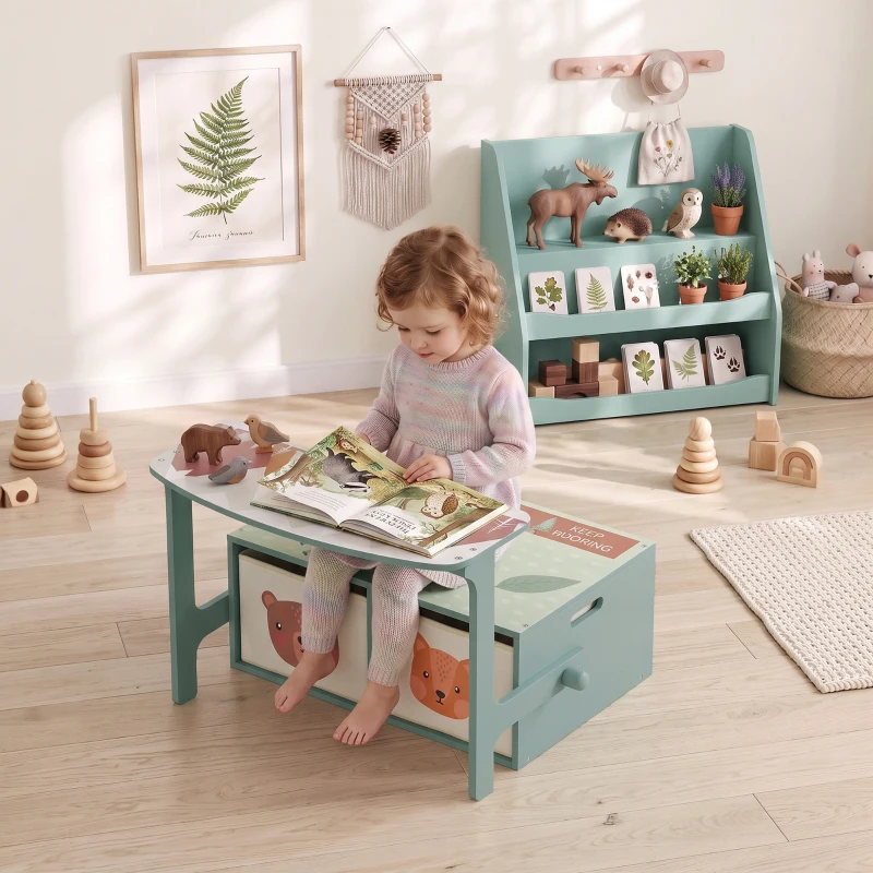 Qaba Kids Toy Box Chest, 3-in-1 Convertible Wooden Toy Storage Bench w/  2 Non-Woven Drawers, for Bedroom, Playroom, Green