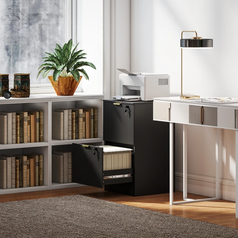 HOMCOM Lockable Filing Cabinet with 2 Fluted Drawers, File Cabinet with Adjustable Hanging Rails for A4 Letter Files, Black