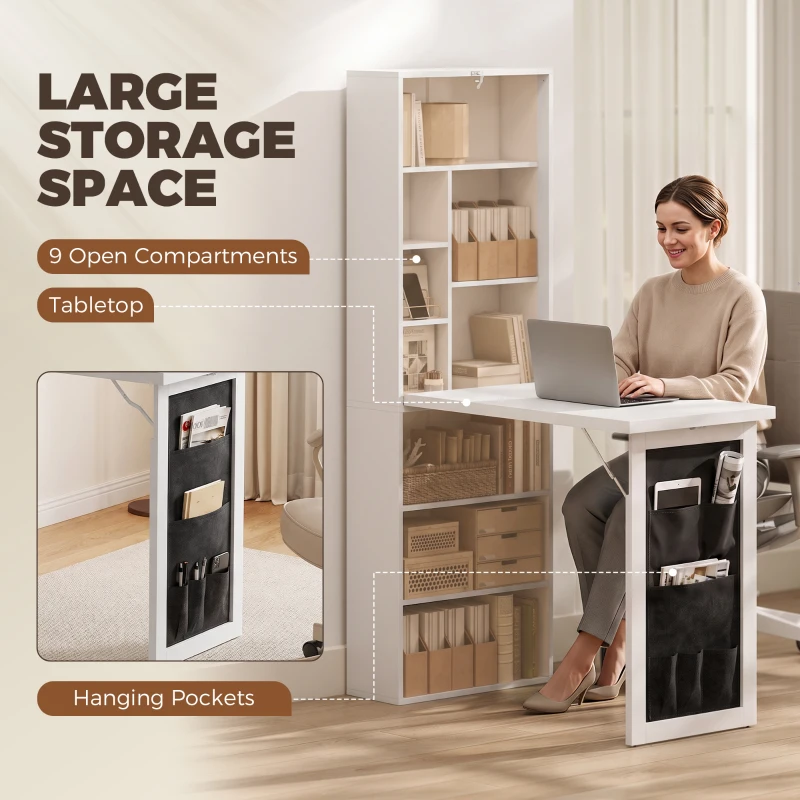 HOMCOM Foldable Convertible Writing Table with Storage Shelves, Bag, Wall-Mounted Space-Saving Computer Desk, White