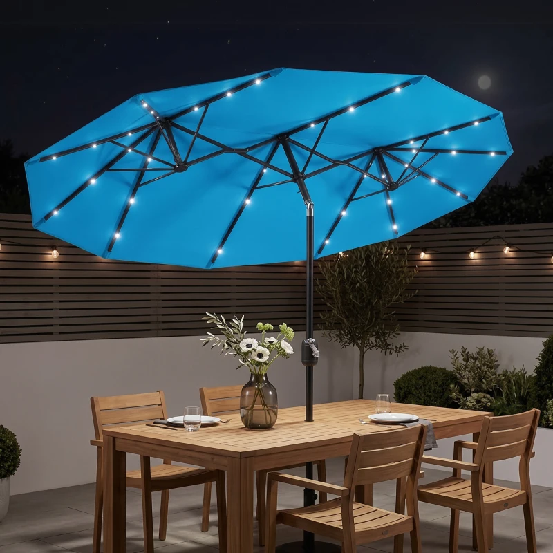 Outsunny Double-sided Patio Umbrella, 9.7' Outdoor Umbrella with Tilt and Crank, LED Solar Light and 12 Ribs, Light Blue