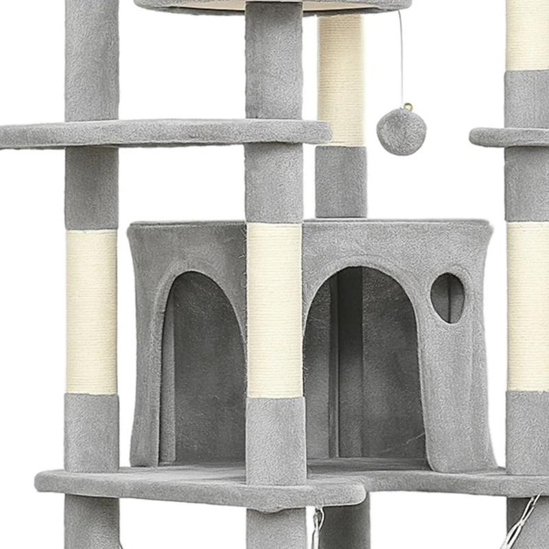 PawHut 76" Large Cat Tree for Indoor Cats with 8 Scratching Posts, 3 Plush Beds, 2 Hammocks, 2 Large Condos, Ramp, Light Grey