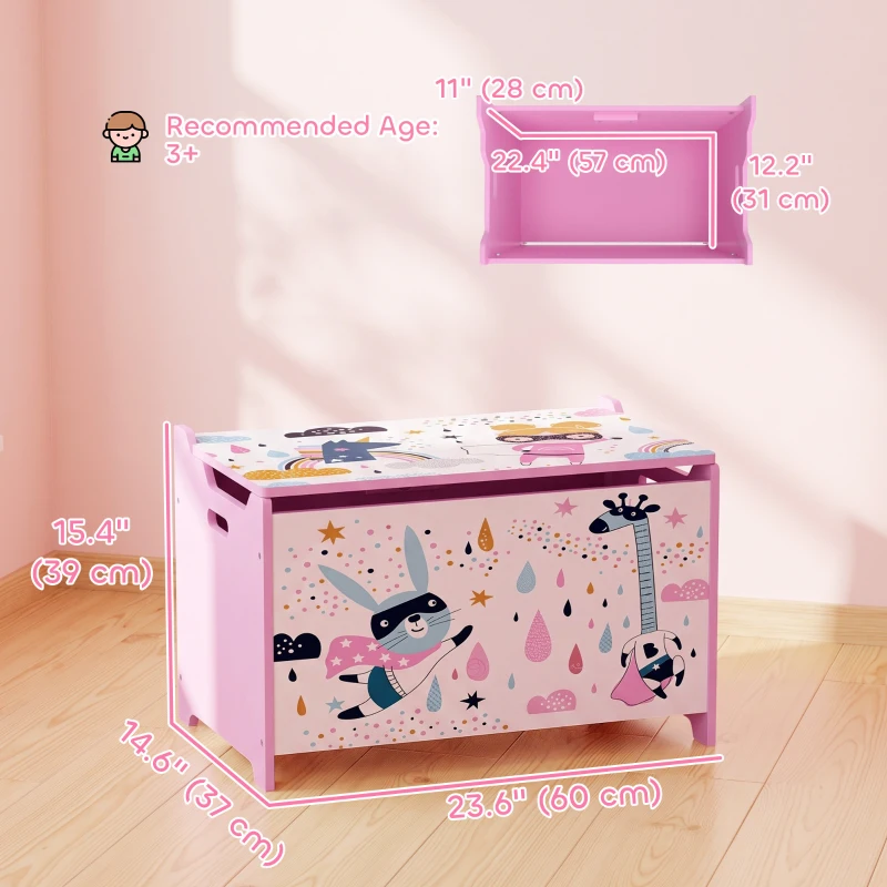 Qaba Kids Storage Chest with Lid, Toy Box with Safety Hinges and Groove Handles for Kids, Bedroom, Playroom, Nursery, Pink