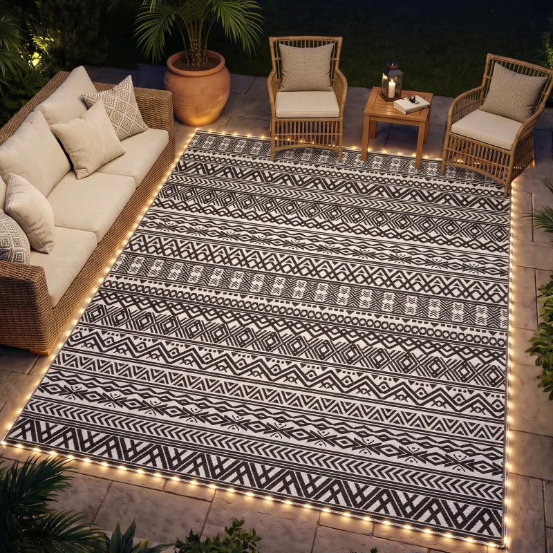 Outsunny Outdoor Rug Carpet with USB Lights Reversible Patio Rug with Carry Bag for Camping 10' x 8'