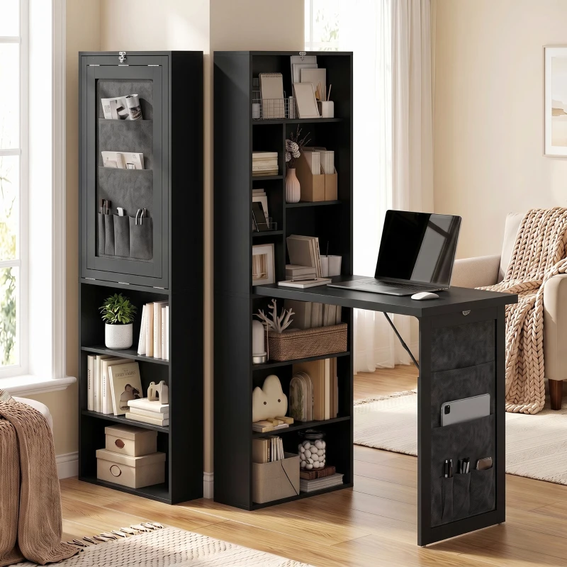 HOMCOM Fold-out Computer Desk with Storage Shelves, Bag, Wall Mount Home Office Desk, Writing Study Table with Bookshelf, Black