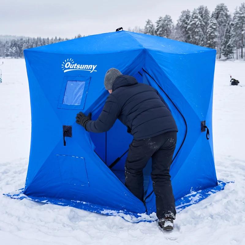 Outsunny 2 Person Pop Up Ice Fishing Tent Shelter, Fishing Shanty, with Carry Bag, Blue