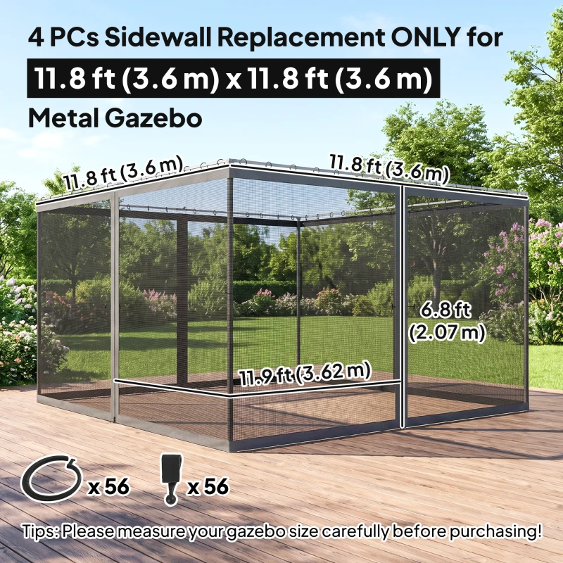 Outsunny Replacement Mosquito Netting for Gazebo 12' x 12' Black Screen Walls for Canopy with Zippers