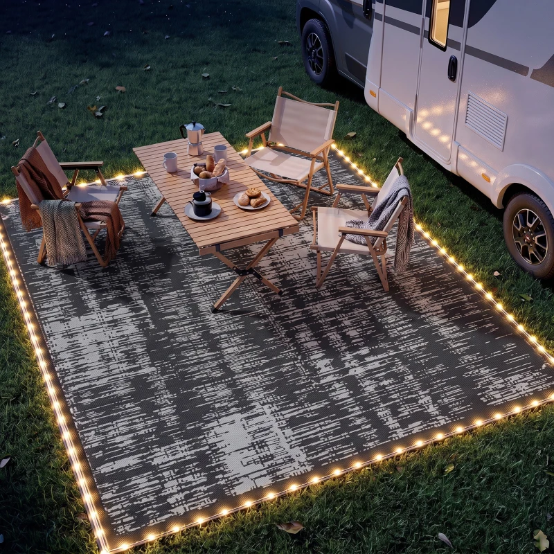 Outsunny Reversible Outdoor Rug Carpet with LED Lights, Carry Bag & Ground Stakes for Backyard, Deck, Picnic, Beach, 10' x 8'