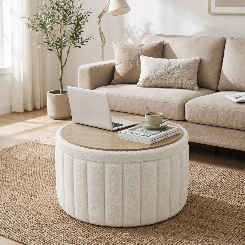HOMCOM Round Coffee Table with Hidden Storage, Sherpa Fleece Center Table with Dual Reversible Lid for Living Room Cream White