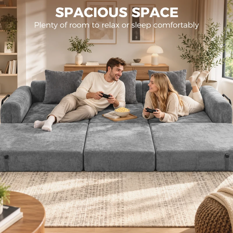 HOMCOM 96.5" Folding Sofa Bed, Convertible Boneless 3 Seater Modular Sectional Couch with Wide and Deep Seat, Grey