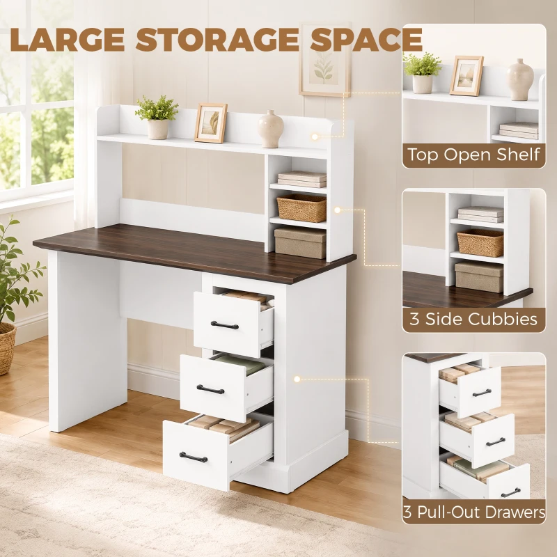 HOMCOM Computer Desk with 3 Drawers and Storage Shelves, 47" Home Office Study Writing Table, Walnut and White