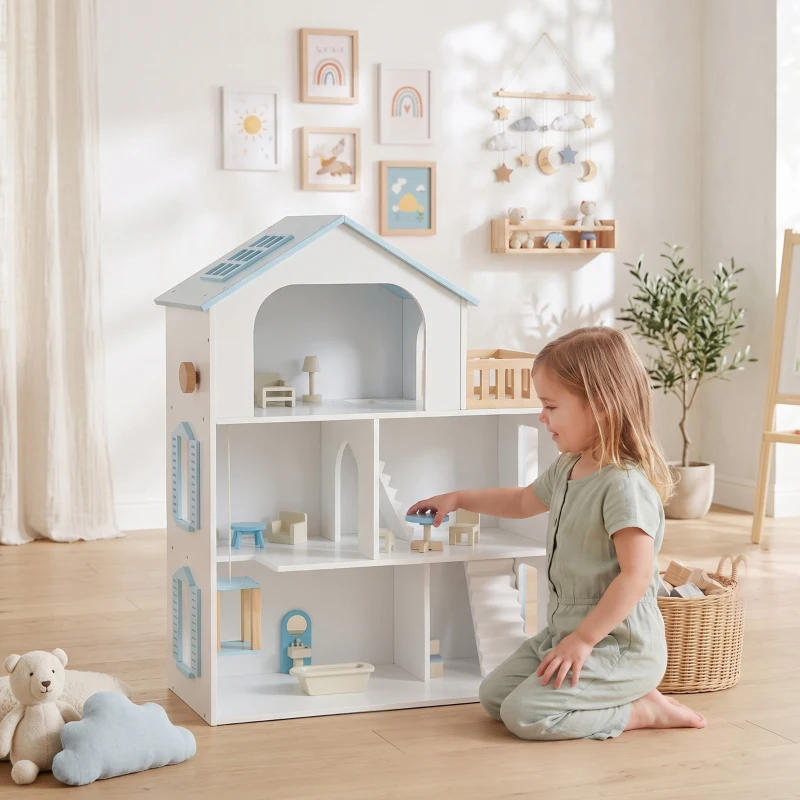 Qaba Wooden Doll House with Elevator, 5 Rooms and 13 Furniture Accessories, Pretend Play Toy Gift for Kids Ages 3-6, Blue