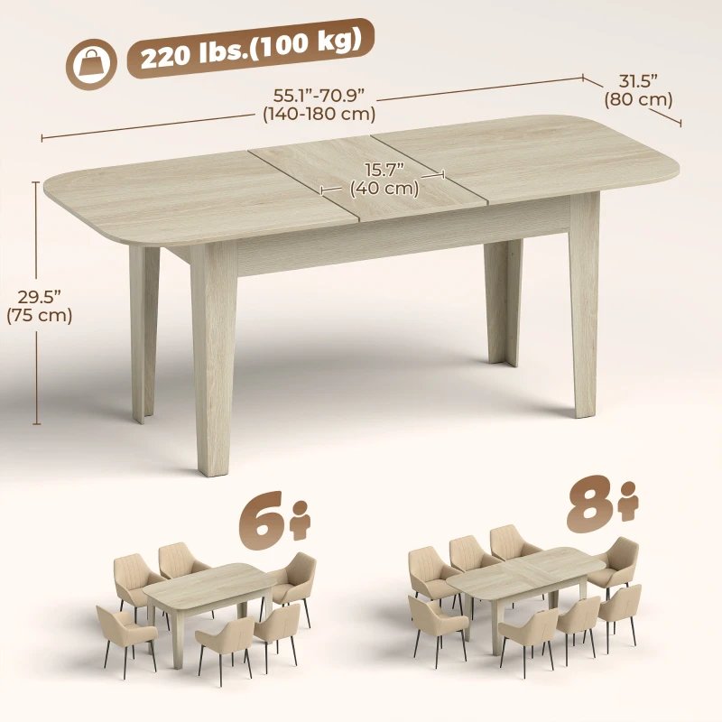 HOMCOM Extendable Oval Dining Table for 4-6, Farmhouse Expandable Kitchen Table, Round Edges, Oak