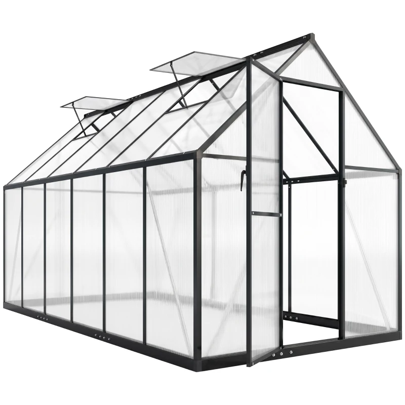 Outsunny Polycarbonate Greenhouse with Swing Door and Two Adjustable Roof Vents, Aluminum Walk-in Greenhouse, 11x6 ft, Black